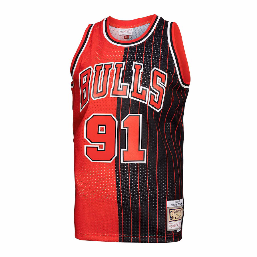 Dennis Rodman - Chicago Bulls 95-96 NBA Hardwood Classics Swingman Jersey for Men Women - Split - Red/Black - Image 3